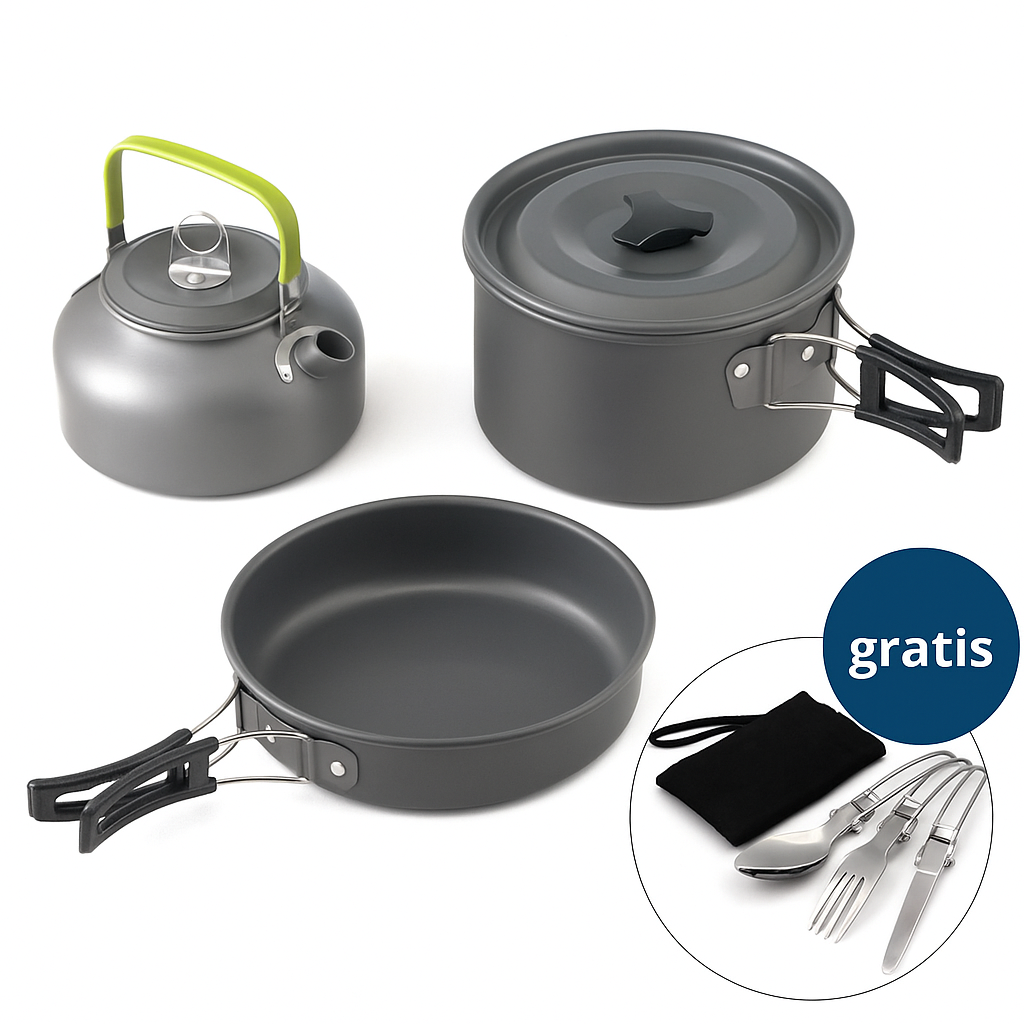 Zestaw naczyń turystycznych – garnek, patelnia, czajnik – składany komplet campingowy