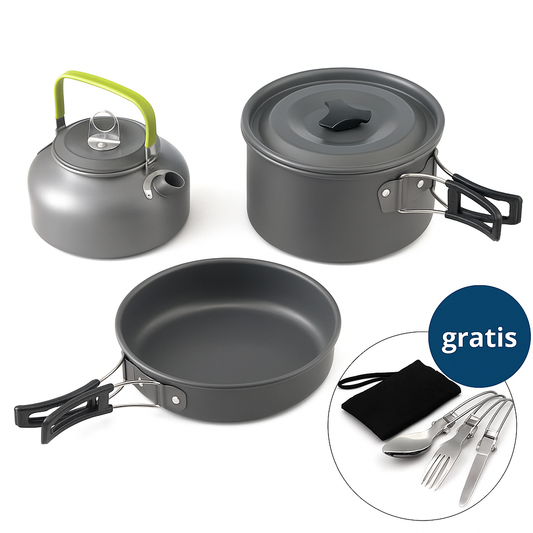 Zestaw naczyń turystycznych – garnek, patelnia, czajnik – składany komplet campingowy