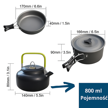Zestaw naczyń turystycznych – garnek, patelnia, czajnik – składany komplet campingowy