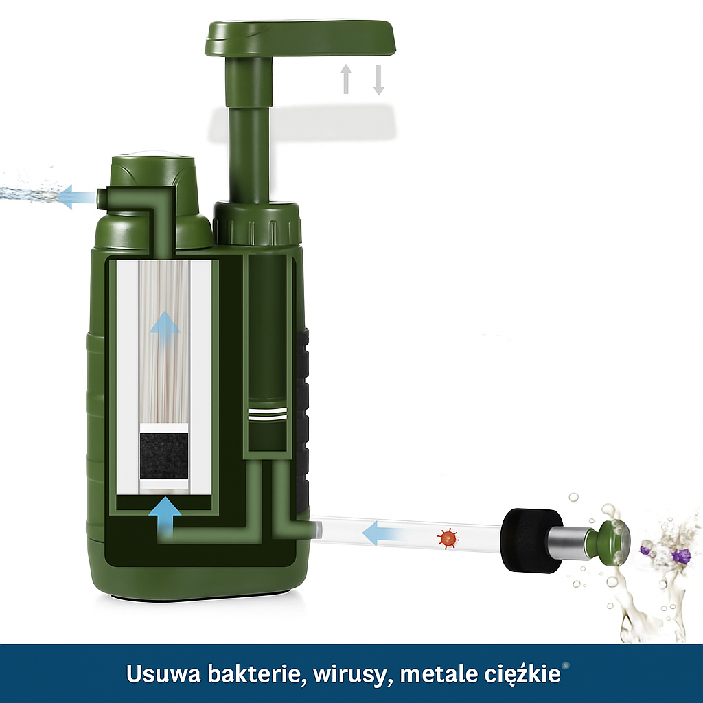 Pompa filtrująca wodę z węglem aktywnym i membraną UF – filtr survivalowy do outdooru i podróży