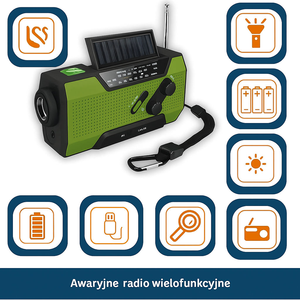 Radio awaryjne z dynamem, panelem solarnym i latarką LED – powerbank, alarm SOS, ładowanie USB