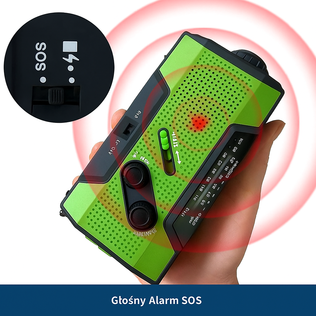 Radio awaryjne z dynamem, panelem solarnym i latarką LED – powerbank, alarm SOS, ładowanie USB