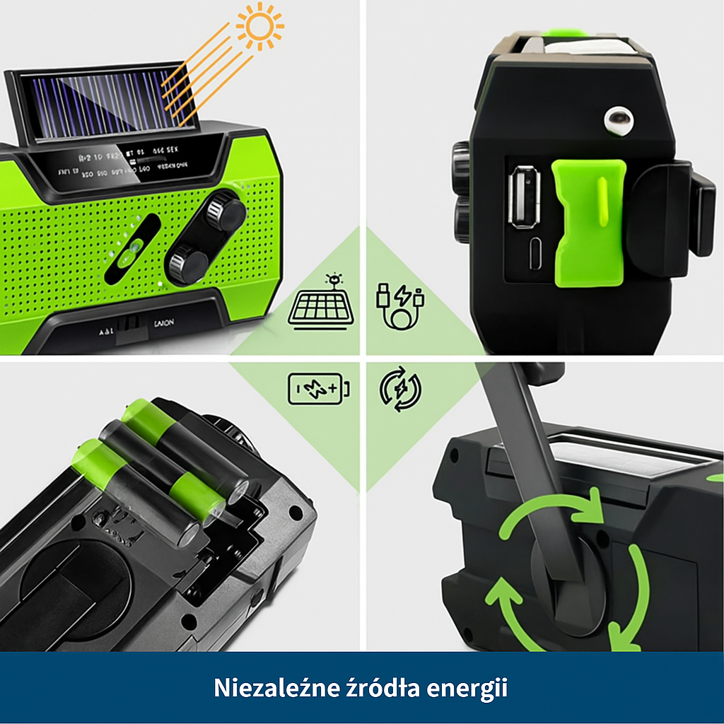 Radio awaryjne z dynamem, panelem solarnym i latarką LED – powerbank, alarm SOS, ładowanie USB