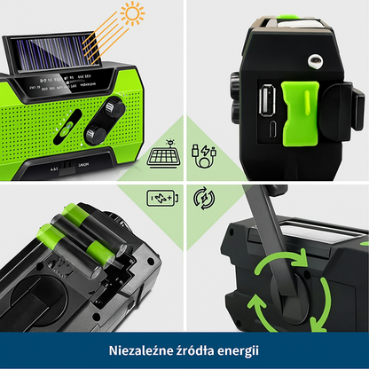 Radio awaryjne z dynamem, panelem solarnym i latarką LED – powerbank, alarm SOS, ładowanie USB