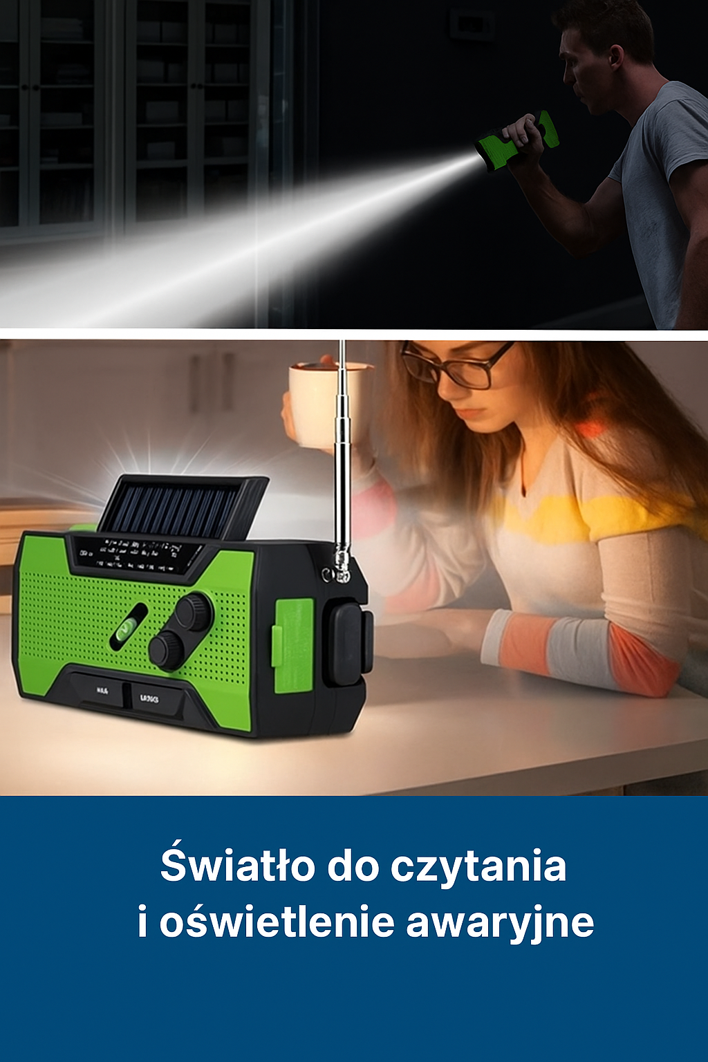 Radio awaryjne z dynamem, panelem solarnym i latarką LED – powerbank, alarm SOS, ładowanie USB