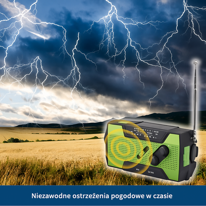 Radio awaryjne z dynamem, panelem solarnym i latarką LED – powerbank, alarm SOS, ładowanie USB