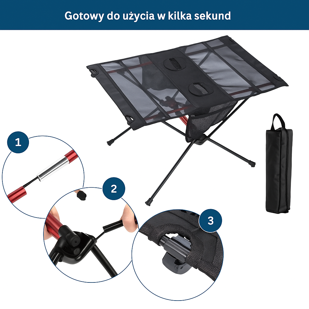 Składany stolik turystyczny ultralekki 60x40 cm – kompaktowy stół kempingowy z uchwytami na napoje