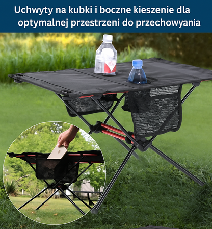 Składany stolik turystyczny ultralekki 60x40 cm – kompaktowy stół kempingowy z uchwytami na napoje