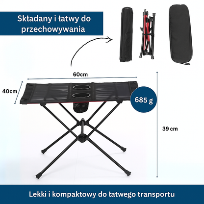 Składany stolik turystyczny ultralekki 60x40 cm – kompaktowy stół kempingowy z uchwytami na napoje