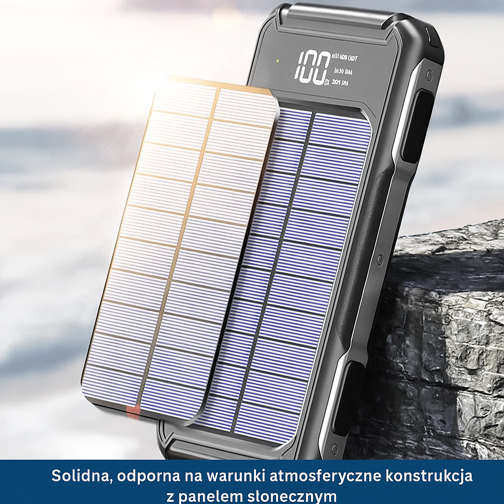 Powerbank solarny z latarką, wbudowanymi kablami i wyświetlaczem LED