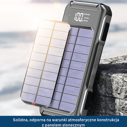 Powerbank solarny z latarką, wbudowanymi kablami i wyświetlaczem LED