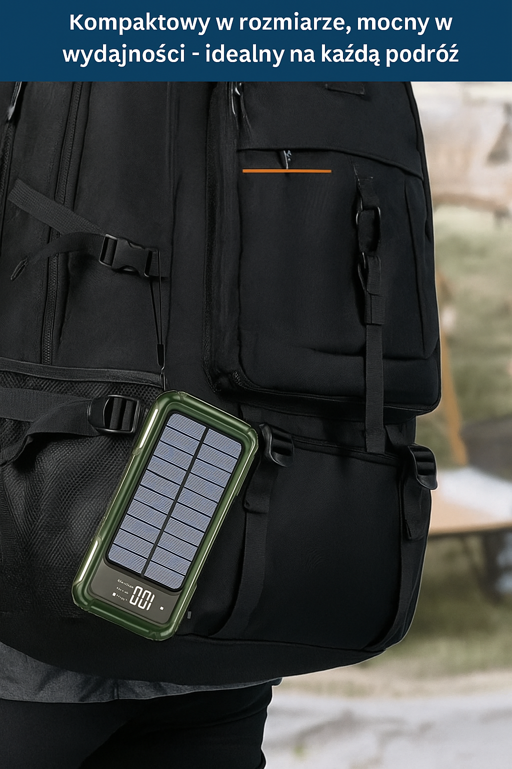 Powerbank solarny z latarką, wbudowanymi kablami i wyświetlaczem LED