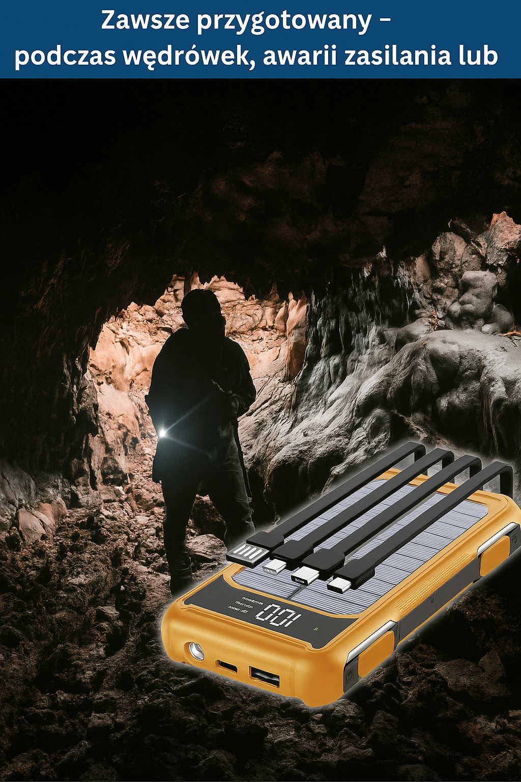 Powerbank solarny z latarką, wbudowanymi kablami i wyświetlaczem LED