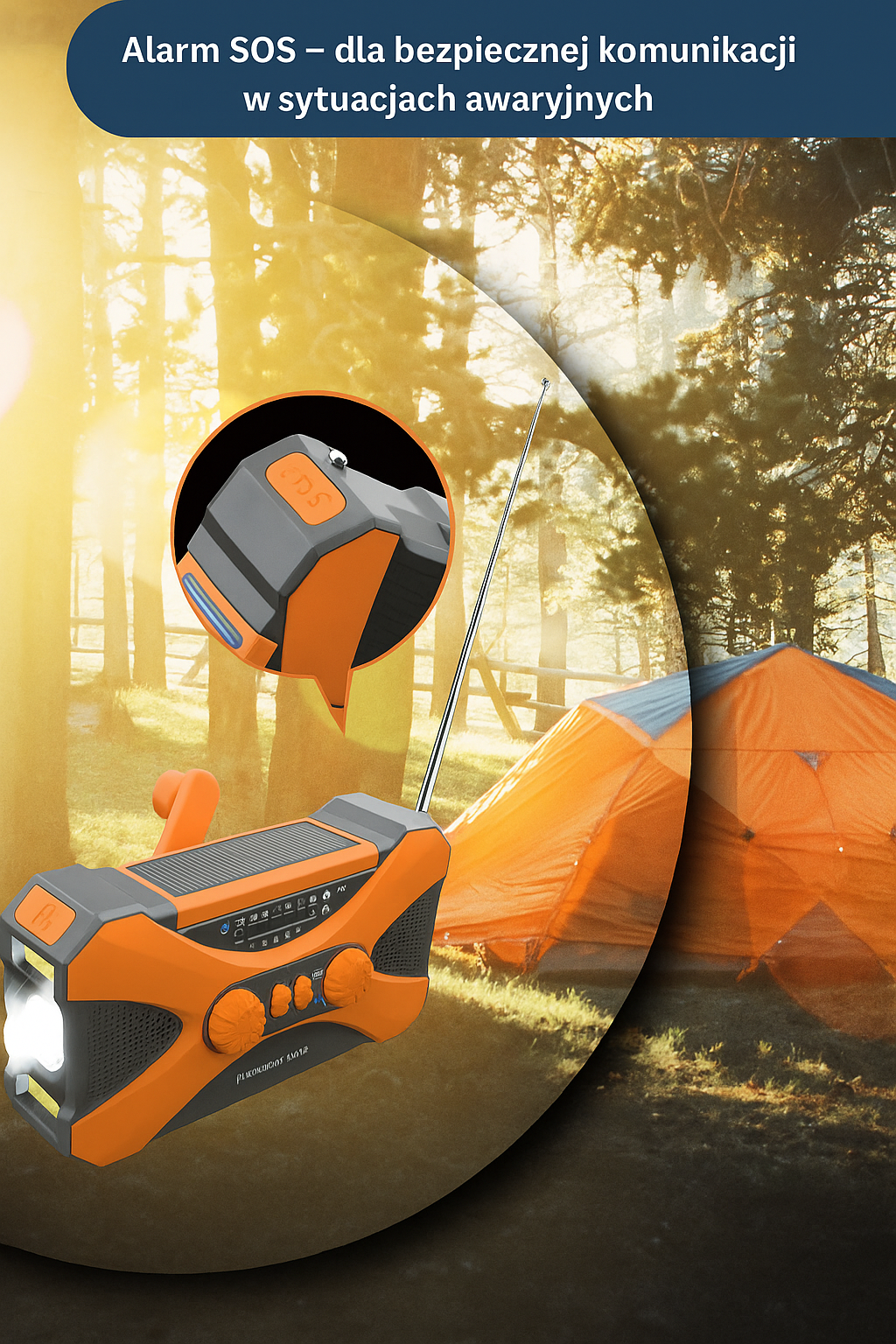 Radio awaryjne FM/AM/NOAA z latarką LED, alarmem SOS, korbką i panelem solarnym – 10000mAh powerbank