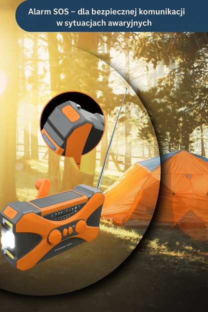 Radio awaryjne FM/AM/NOAA z latarką LED, alarmem SOS, korbką i panelem solarnym – 10000mAh powerbank