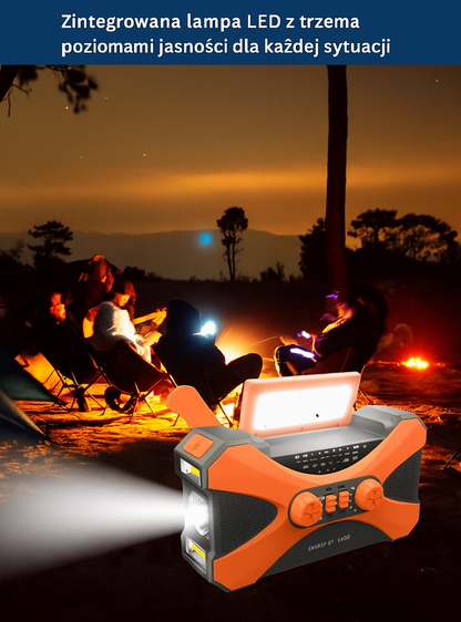 Radio awaryjne FM/AM/NOAA z latarką LED, alarmem SOS, korbką i panelem solarnym – 10000mAh powerbank