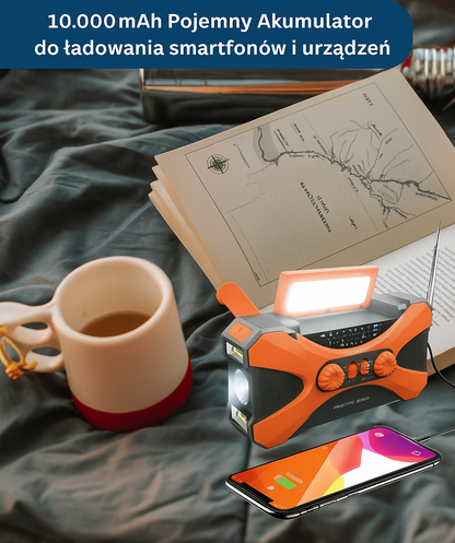 Radio awaryjne FM/AM/NOAA z latarką LED, alarmem SOS, korbką i panelem solarnym – 10000mAh powerbank