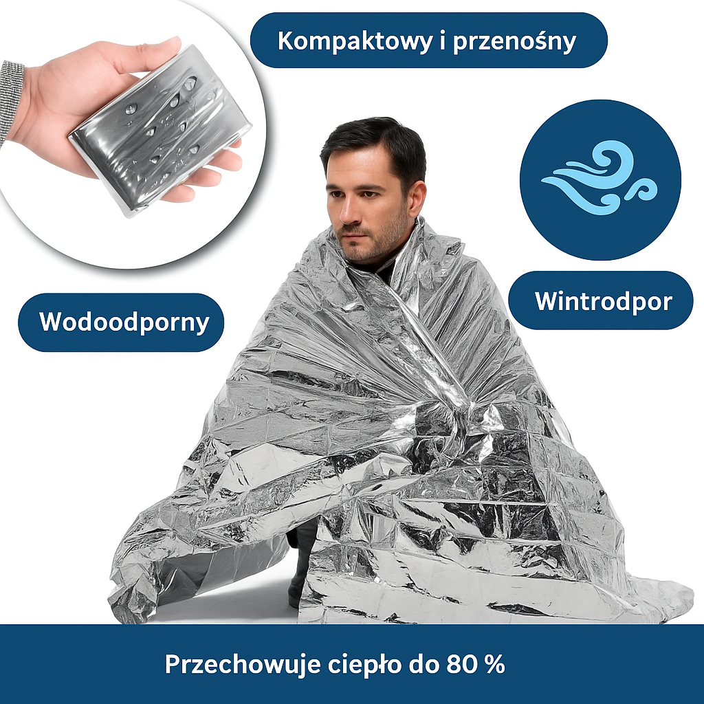 Folia NRC – koc ratunkowy 140x210 cm, wodoodporny i wiatroszczelny, zatrzymuje ciepło ciała