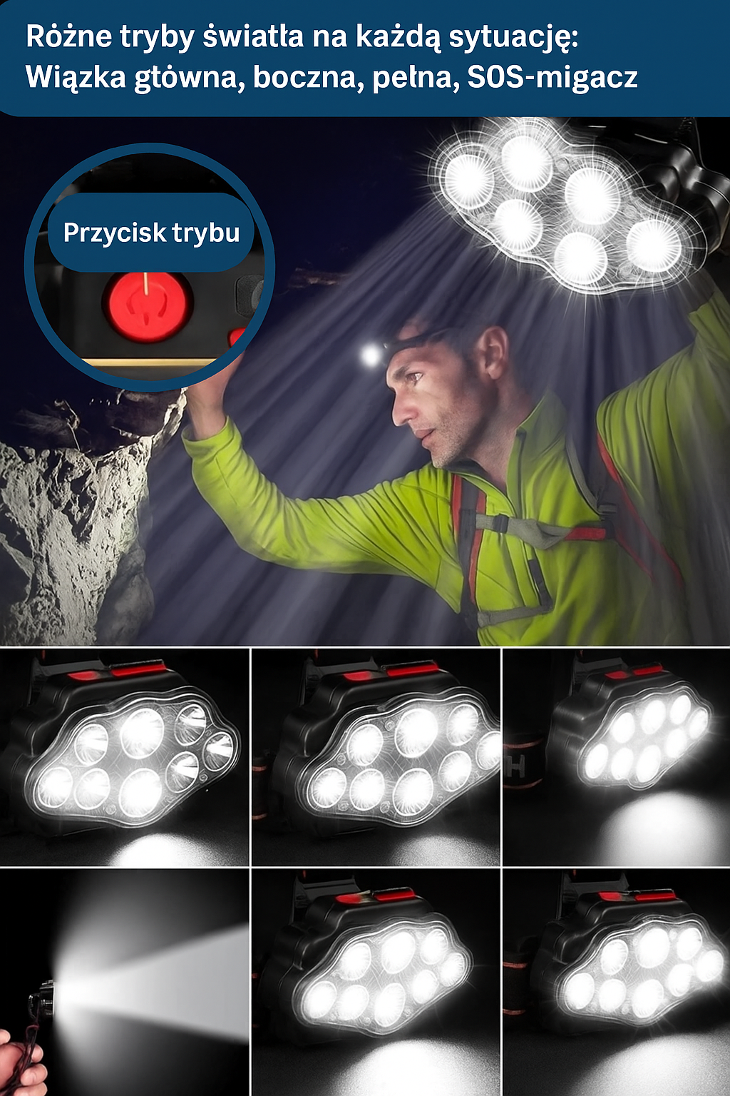 Latarka czołowa LED z 8 diodami – super jasna, wodoodporna, z regulacją kąta i akumulatorem