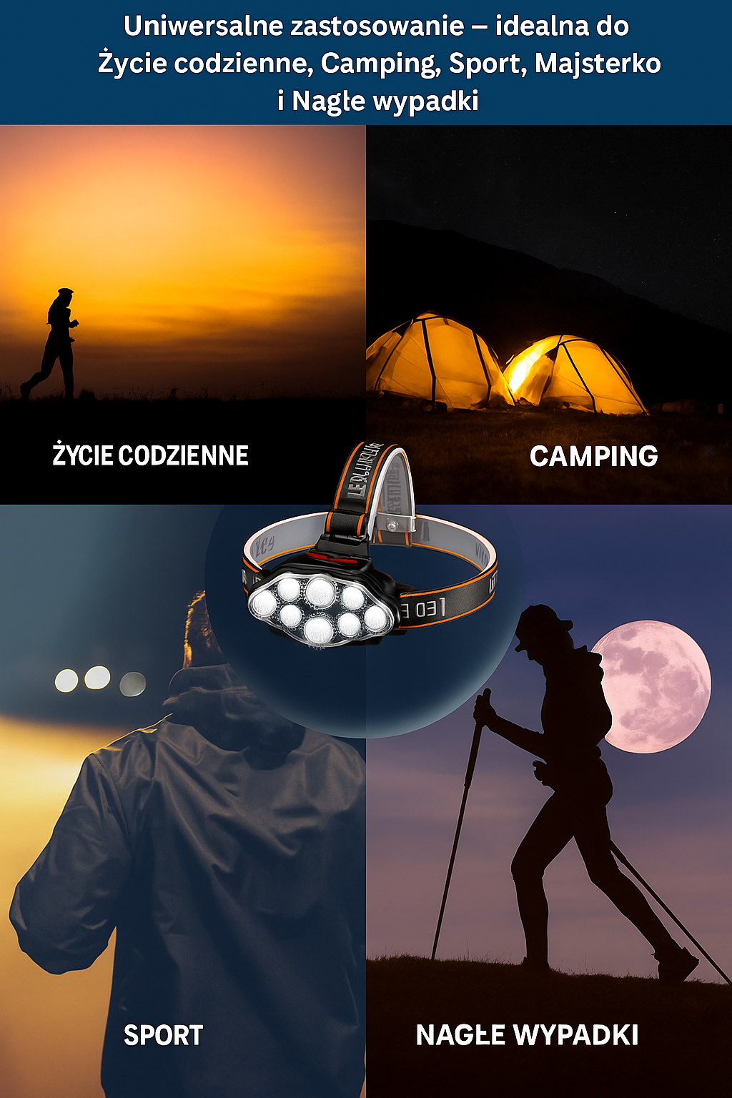 Latarka czołowa LED z 8 diodami – super jasna, wodoodporna, z regulacją kąta i akumulatorem