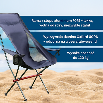 Składane krzesło turystyczne z wysokim oparciem – ultralekkie, aluminiowe, z poduszką i podłokietnikami