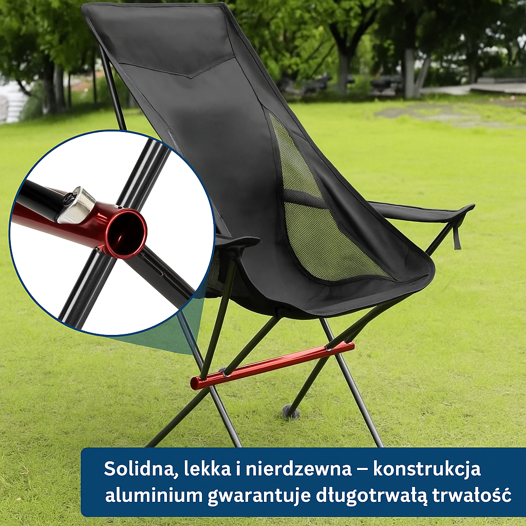 Składane krzesło turystyczne z wysokim oparciem – ultralekkie, aluminiowe, z poduszką i podłokietnikami