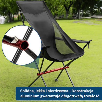 Składane krzesło turystyczne z wysokim oparciem – ultralekkie, aluminiowe, z poduszką i podłokietnikami
