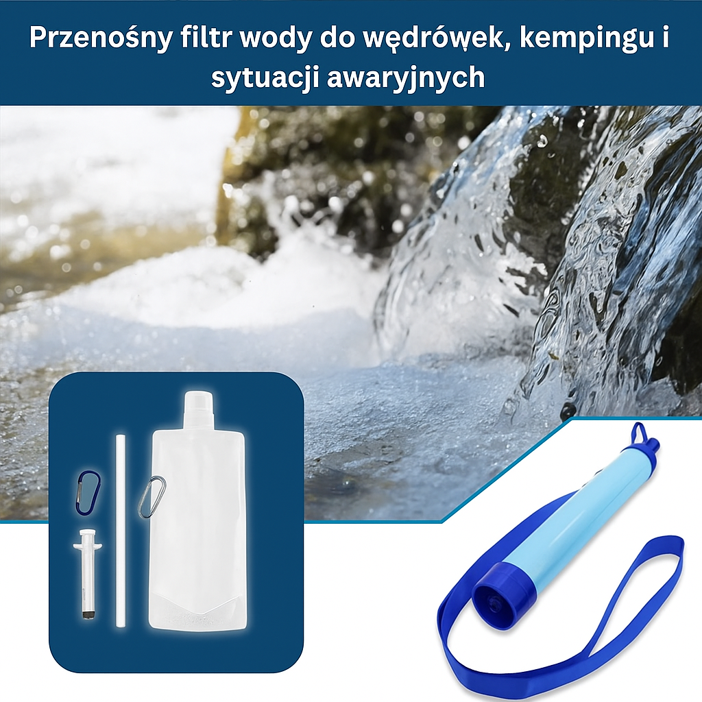 Filtr do wody turystyczny z butelką i akcesoriami – zestaw do uzdatniania wody w terenie