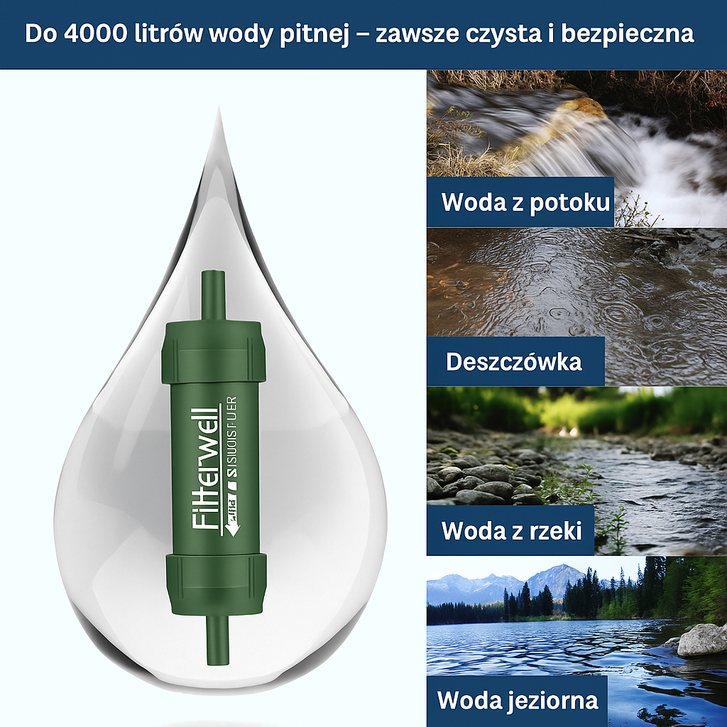 Filtr słomkowy do wody Filterwell – turystyczny filtr survivalowy z wężykiem, do picia prosto z źródła  Opis