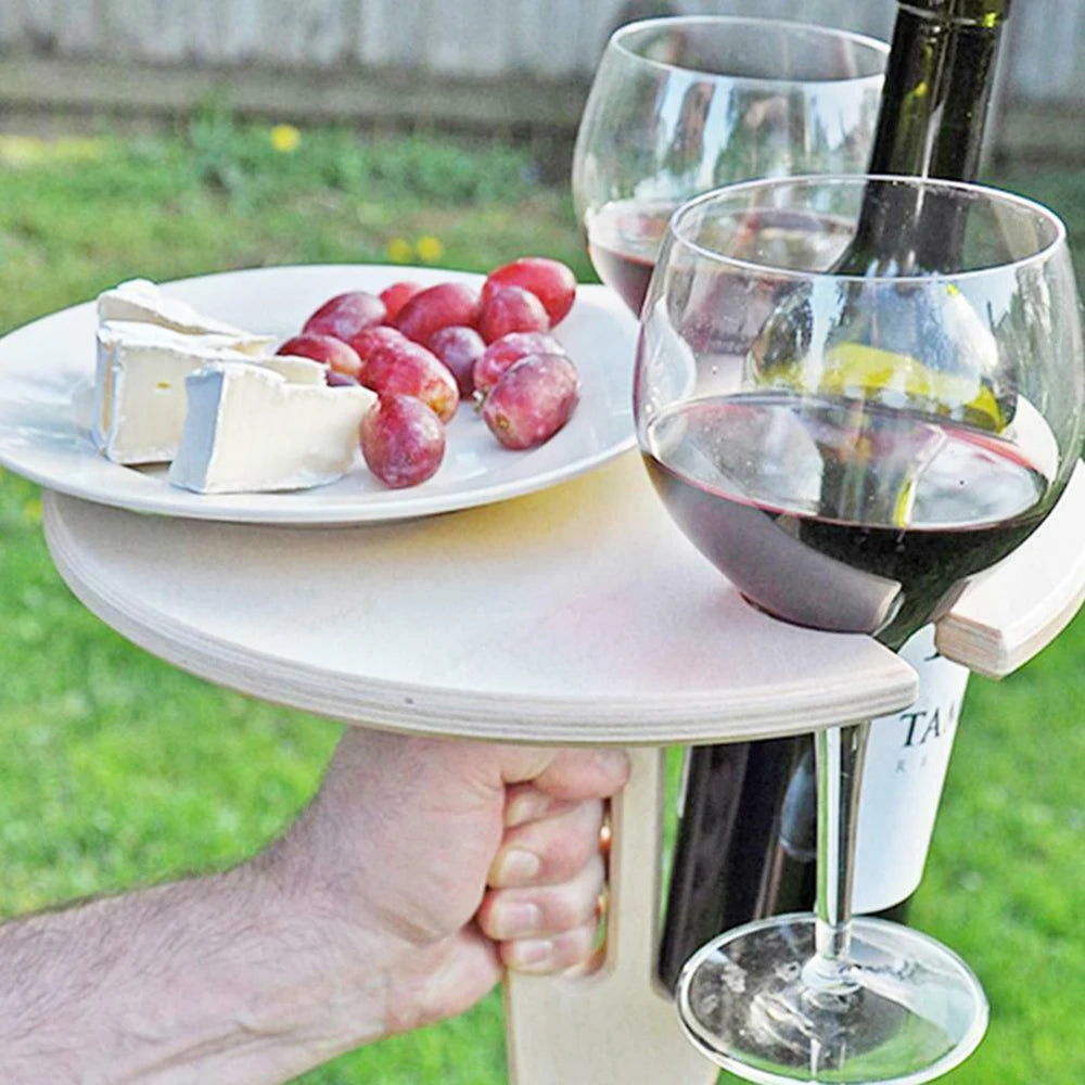 Stolik piknikowy na wino – drewniany stojak ogrodowy na butelkę i kieliszki