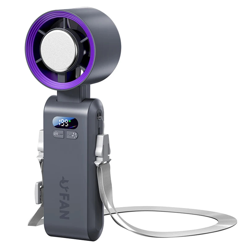 Wentylator przenośny na szyję z wyświetlaczem LED – bezłopatkowy mini wiatrak USB do pracy, podróży i upałów
