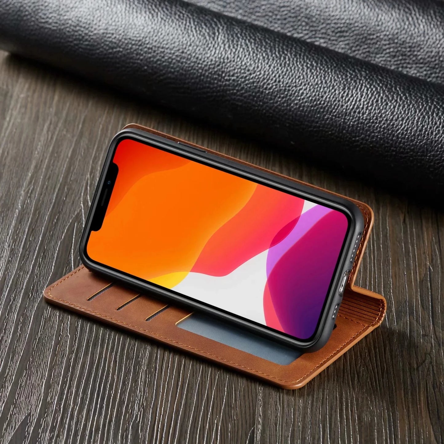 Etui skórzane portfel do Iphone – case z klapką i miejscem na karty, magnetyczne zamknięcie