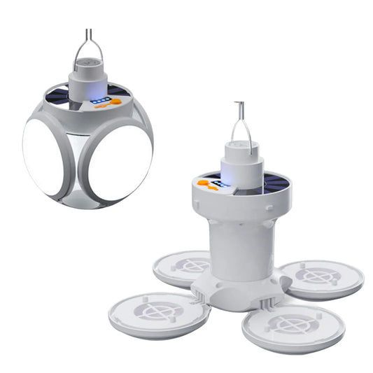 Składana lampa LED solarna 2w1 – oświetlenie campingowe z panelem słonecznym i hakiem